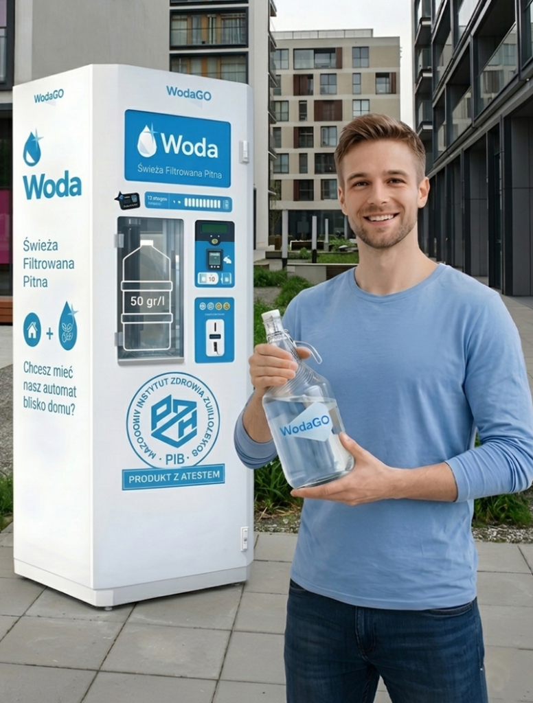 Mężczyzna i automat z wodą WodaGO